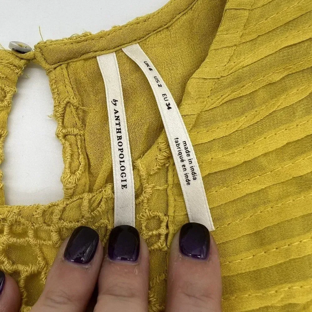 by Anthropologie Mustard Yellow Embroidered Ruffle Long Sleeve Blouse Sz 2
